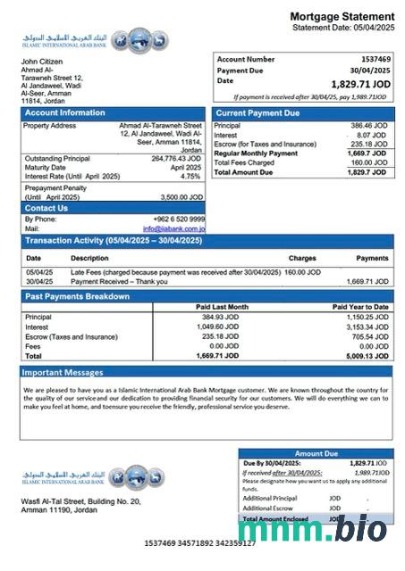 Jordania Islamski Międzynarodowy Bank Arabski wyciąg z kredytu hipotecznego szablon Word i PDF
